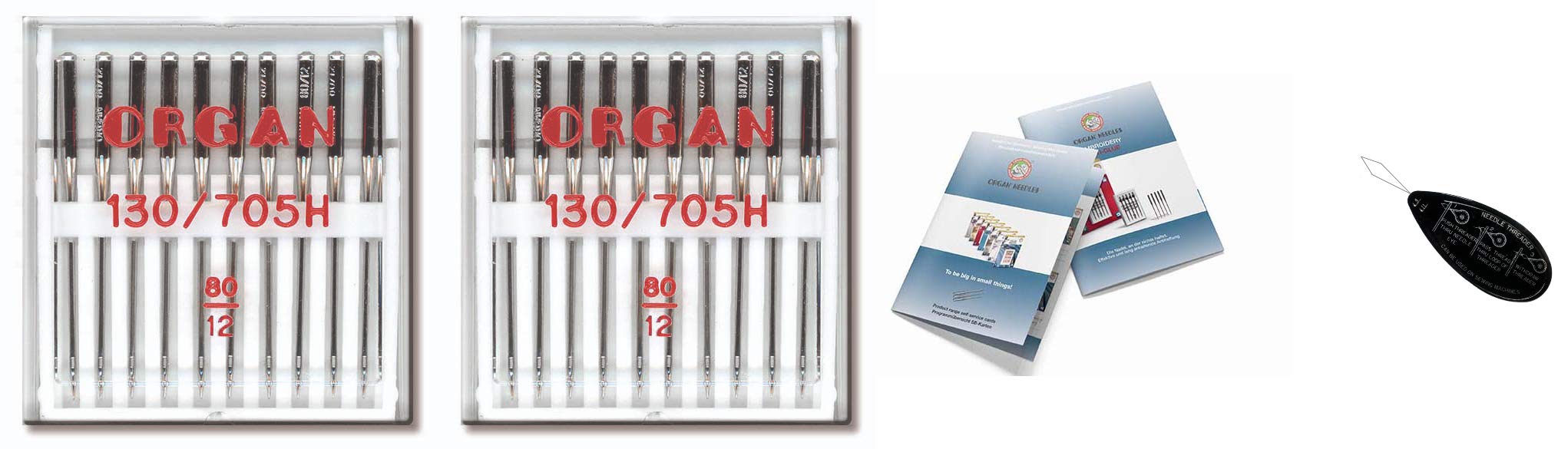 Organ Household Sewing Machine Needles - Universal (Regular) 130/705 H, 2 Packs of 10, Size: 80/12 + Unique Large Needle Threader Needle Index - Fits Brother, Singer, Janome etc. Machines