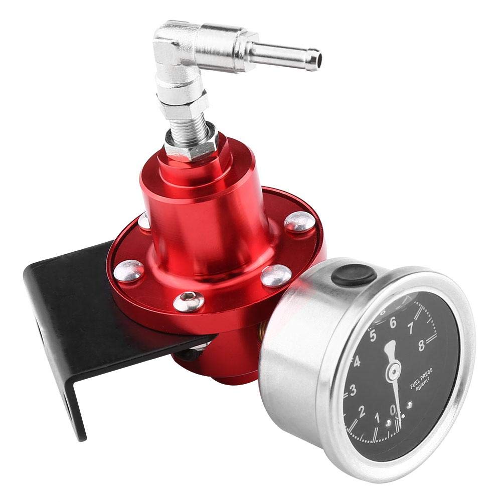 Terisass Regulador presion gasolina, Aleación de aluminio Vehículo para automóvil Regulador de presión de combustible FPR ajustable con medidor y kit de adaptador de montaje Universal(rojo)