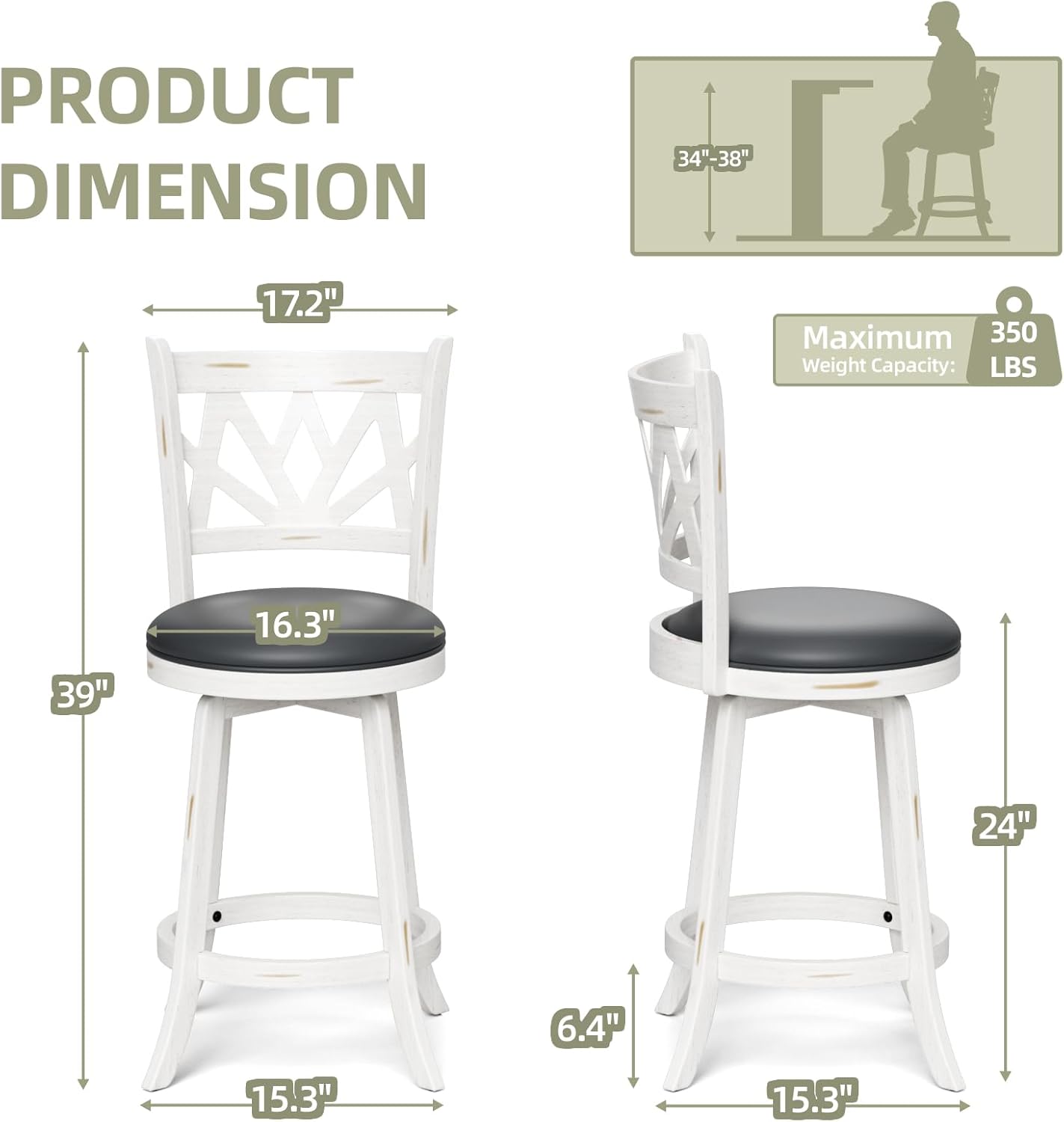 Swivel Barstools Set of 4, Farmhouse 24" Counter Height Bar Stools with Backs, Lotus Pattern Carved Bar Chair with Solid Wood Legs & Footrest for Kitchen Island, Home Bar, Pub. Antique White