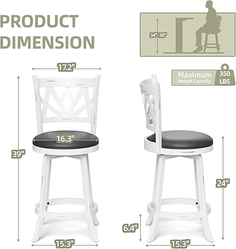 Miniatura 2 de Juego de 2 taburetes de bar giratorios de 24 pulgadas de altura de mostrador con respaldos, silla de bar con patas de madera maciza y reposapiés