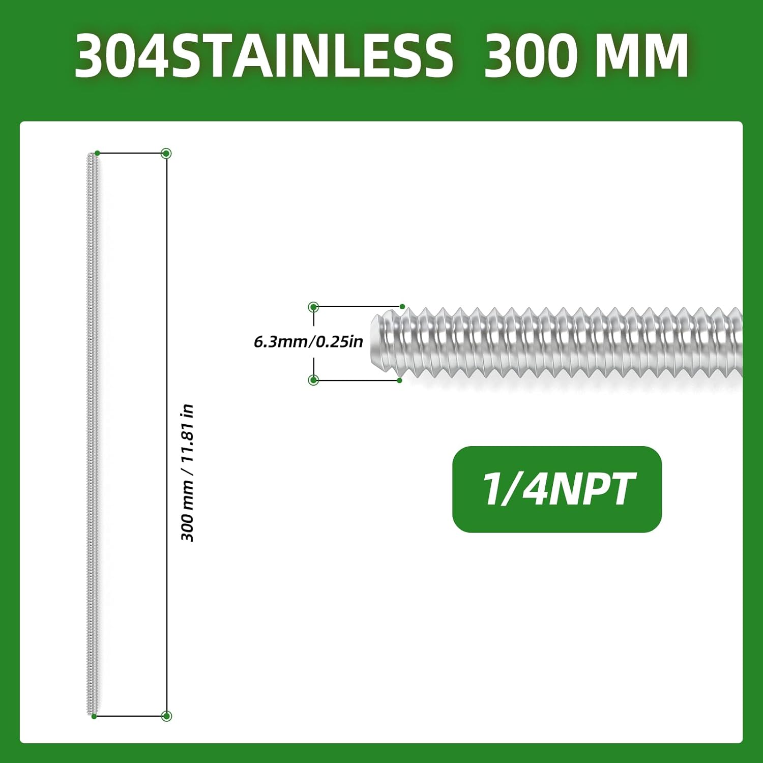 TAISHER 5PCS 304 Stainless Steel Fully Threaded Rod，1/4"-20 Long Threaded Screw 12" Length Right Hand Threads