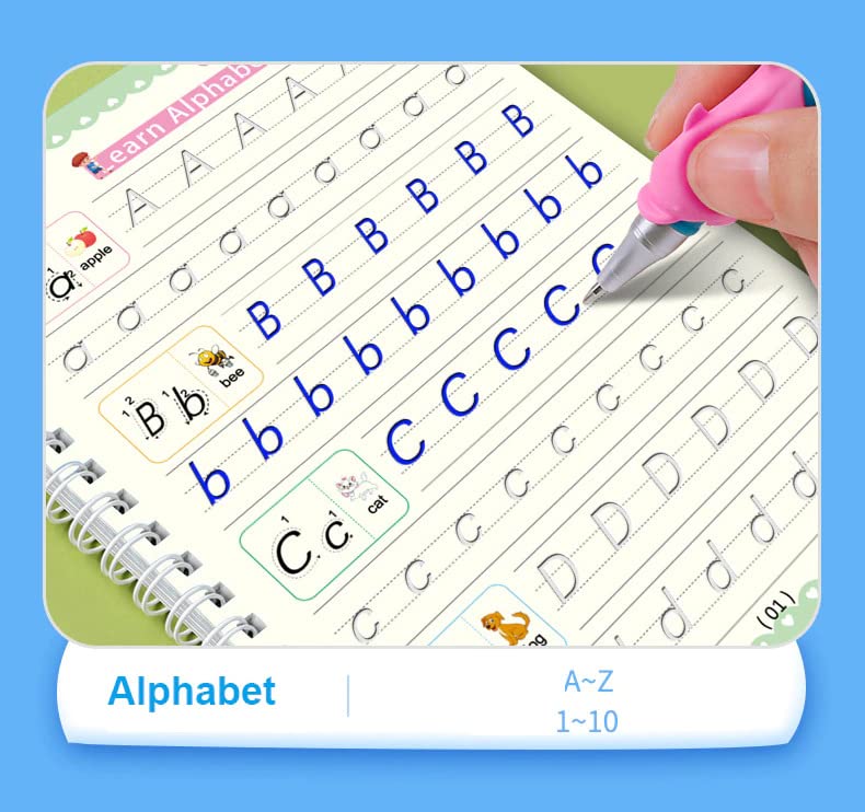 Image of VGRASSP Magic Practice Copybook For Preschoolers, Number & Letter Tracing Book (4 Book + Pen + 10 Refill + Grip)