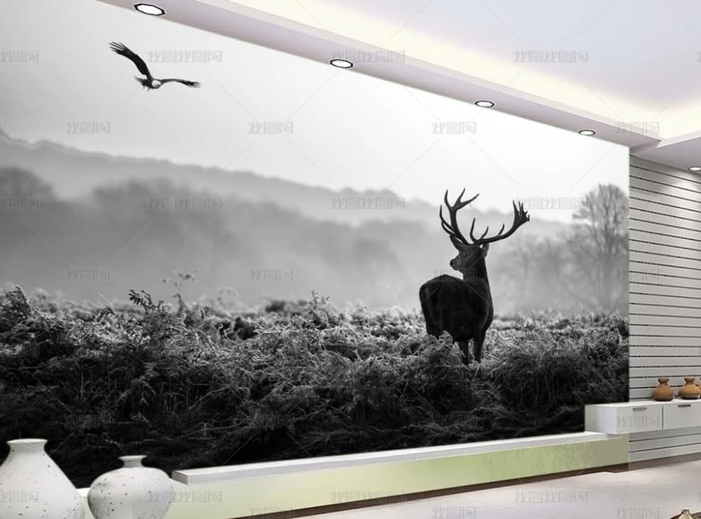 Décoration murale cerf noir et blanc poster géant salon 450cm
