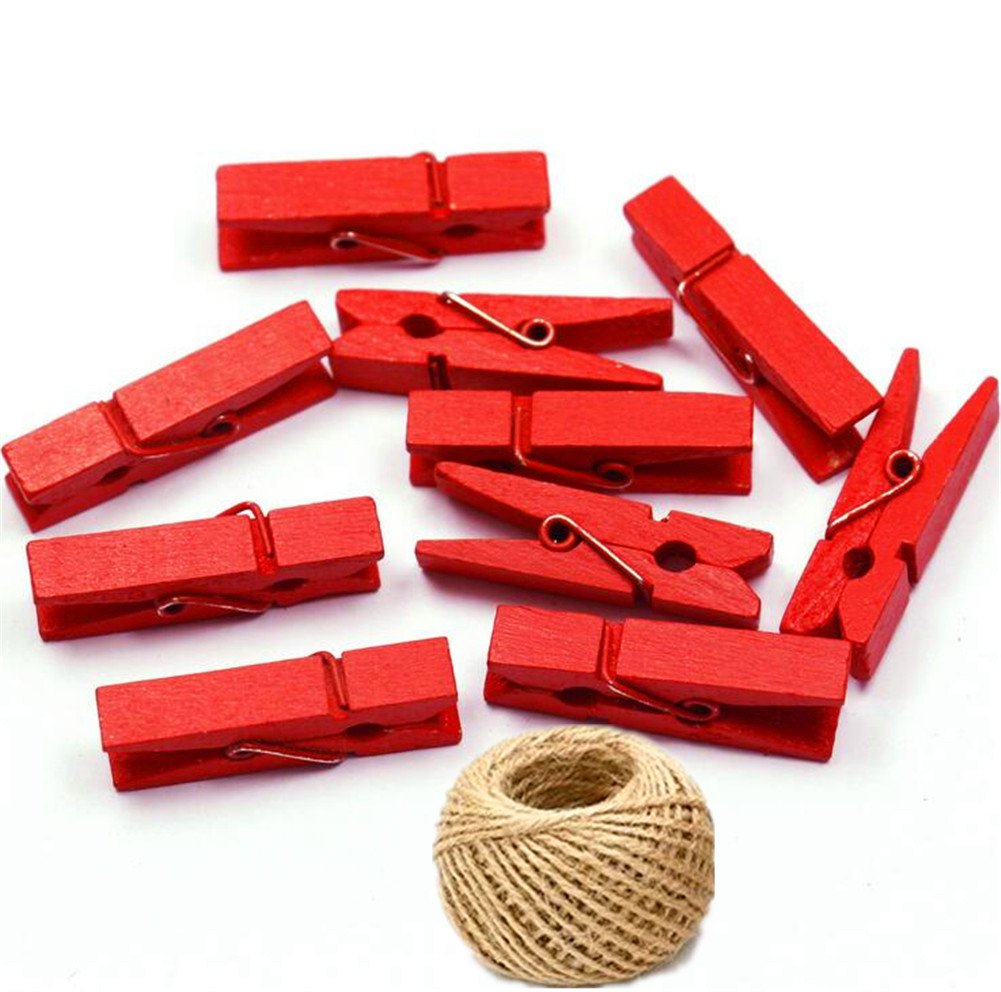 Zhiheng Red 100 Colo Wooden Mini Pegs Clothespins Craft Photo Clips With 20 Meters Jute Twine For Craft Rustic Decoration (Red)