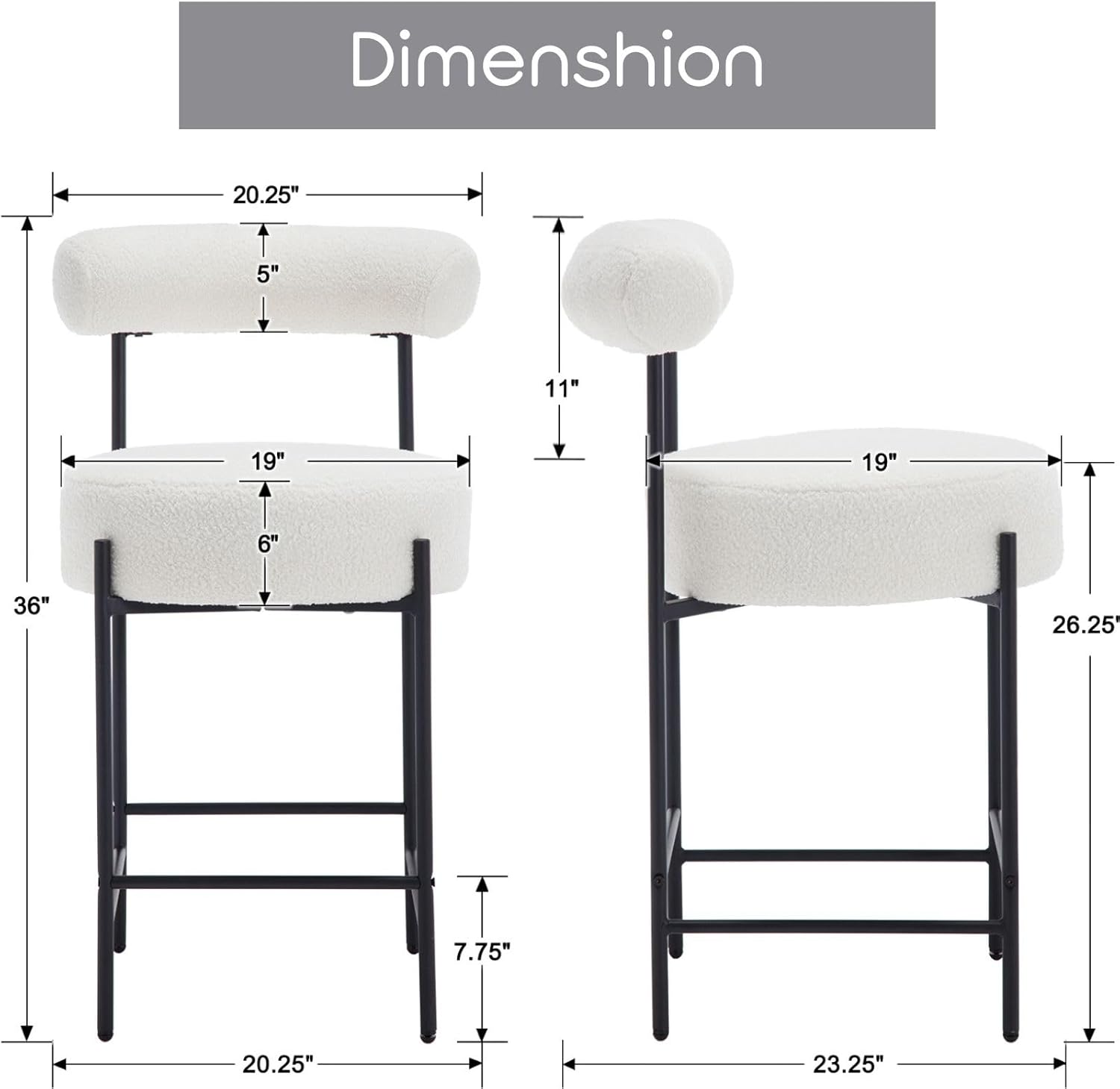 ROCITY Modern Upholstered Bar Stools Set of 4 White Boucle Counter Stools with Barrel Back 26 Inch Kitchen Island Chairs with Metal Legs