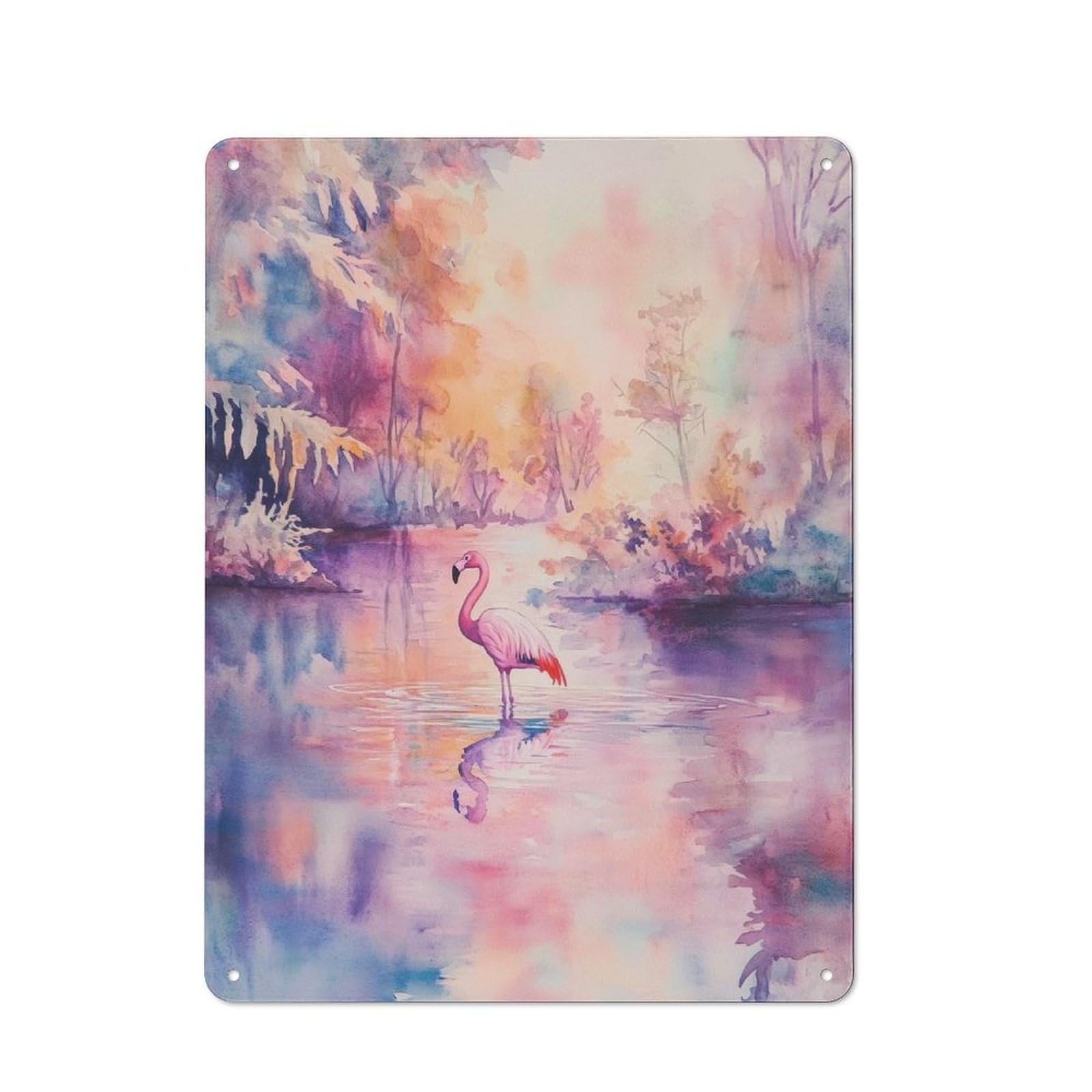 Junmoney Pink Flamingo In A Watery Landscape Retro Metal Plaque 40X30cm For Lounge Or Reading Corner, Suited To Lounge Decor Fans