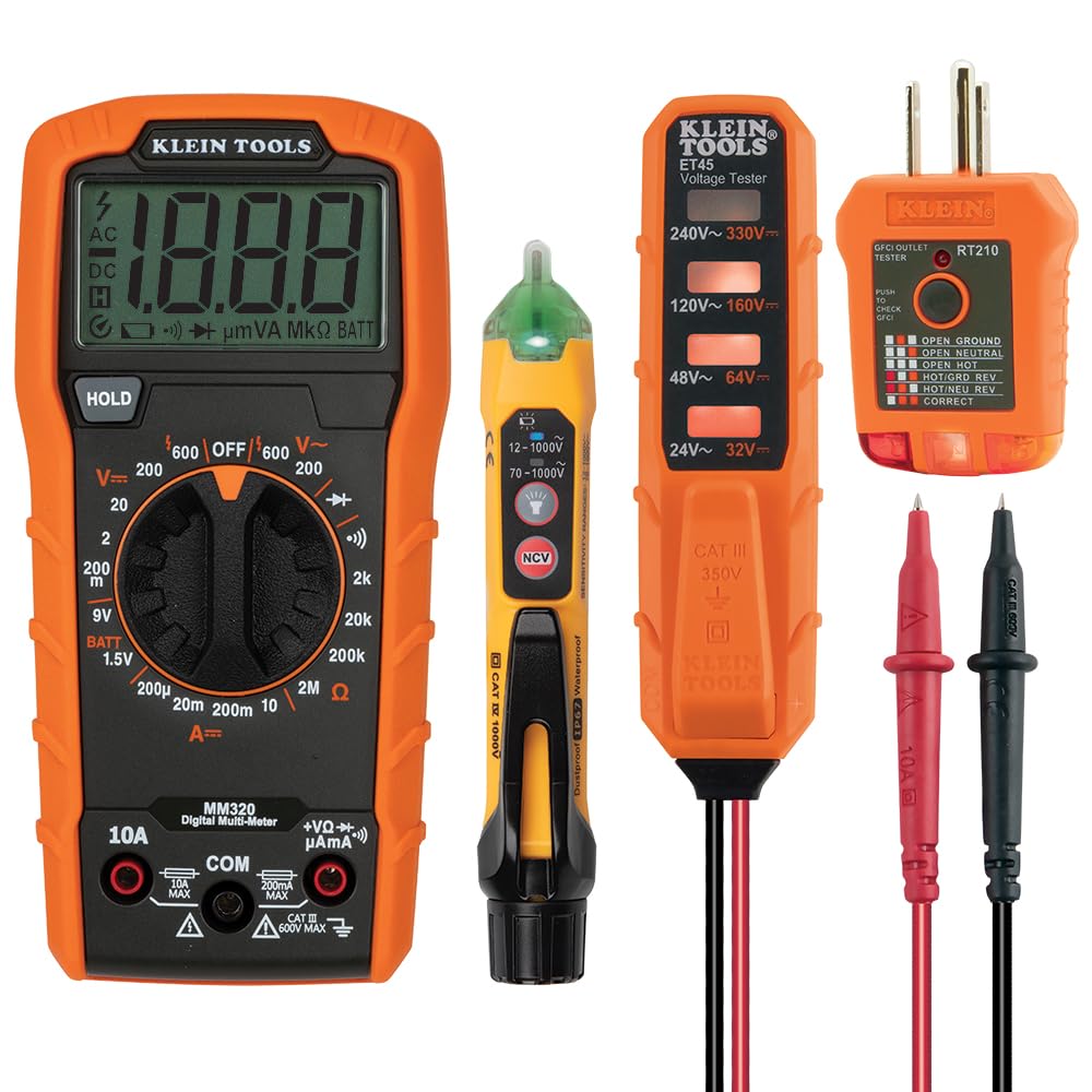 Klein Tools MM320KIT Kit de test électrique multimètre numérique, testeur de tension sans contact, testeur de prises, étui de transport et piles