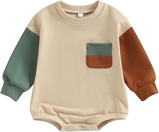 Baby Boy Girl Sweatshirt Romper Color Block Long Sleeve Bubble Romper Oversized Pullover Bodysuit Sweater Tops