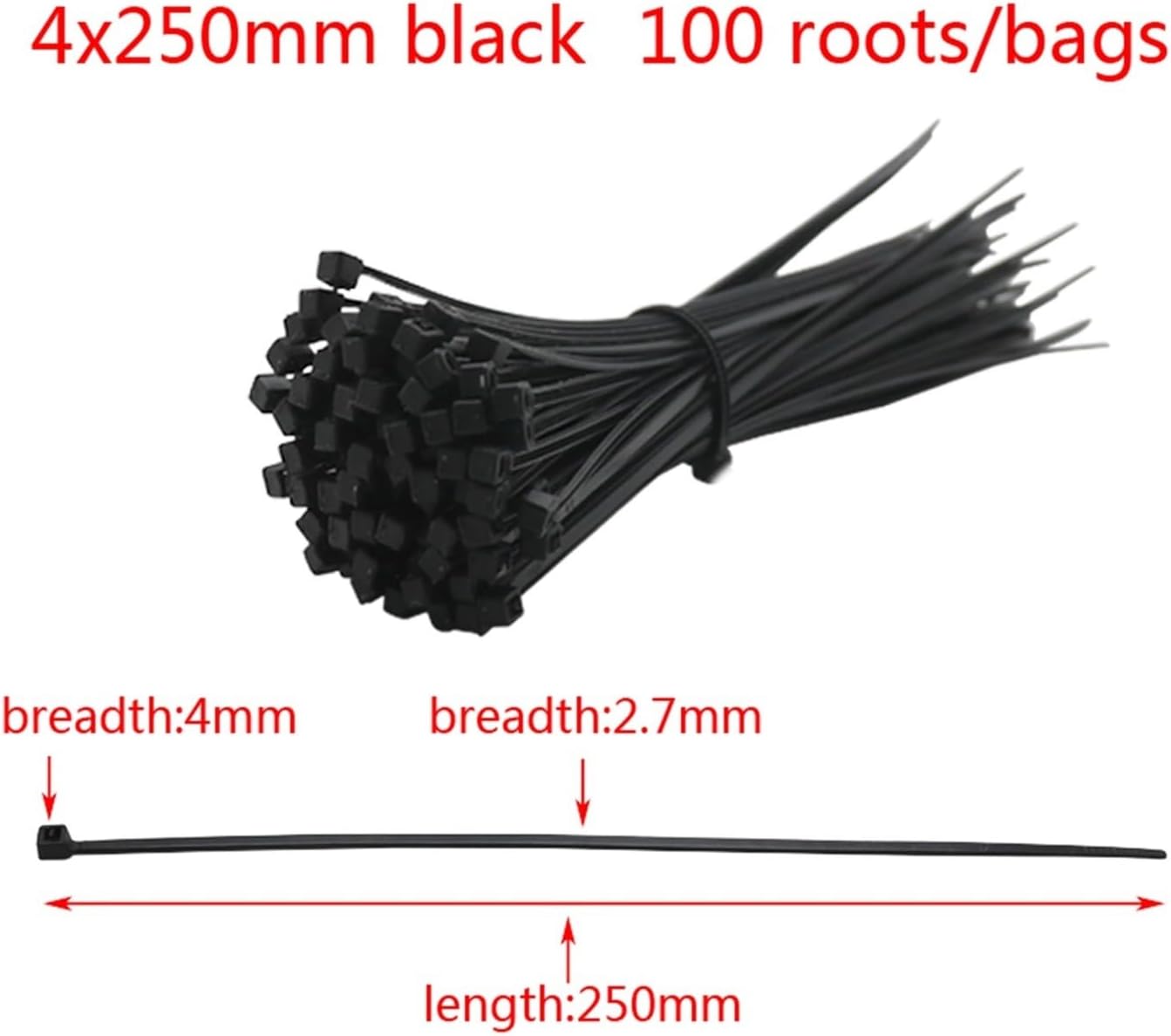 Zip ties cable ties,Self-Locking Plastic Nylon Tie 100 PCS Black 5X300cable Tie Fastening Ring3X80 Cable Tie Zip Wraps Strap (Color : Black, Size : 5x300mm) (Black 4x150mm)(4x250mm)