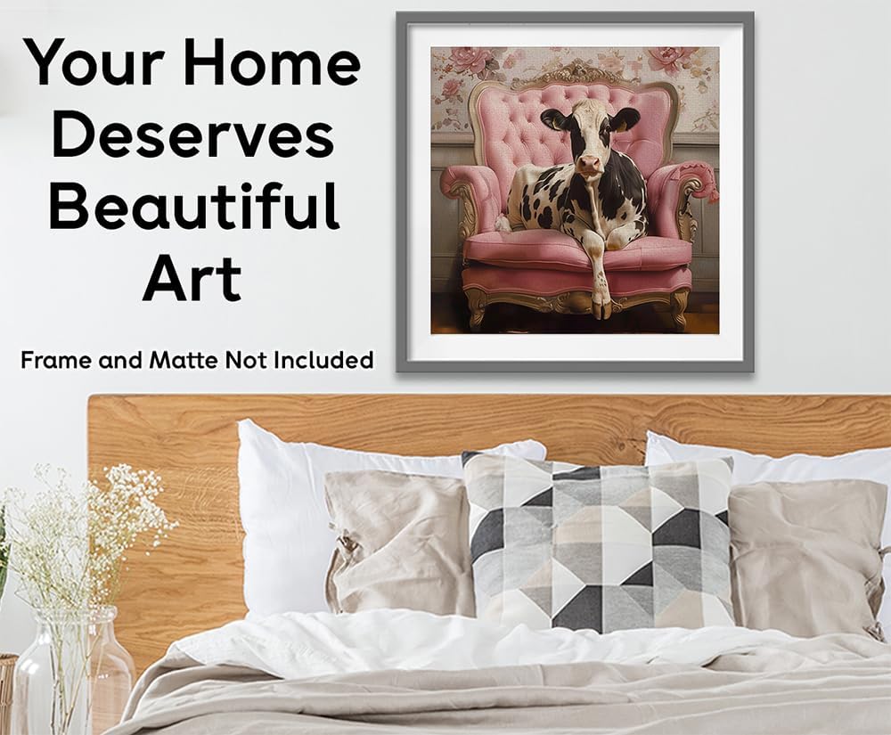 Pretty In Pink Cow On A Sofa Portrait 30x30 Stretched Canvas Poster-Rustic Farm Animal Wall Art, Vintage Farmhouse Decor, Cute Cattle Artwork, Floral Humor Print For Country Chic Living Room Or Office