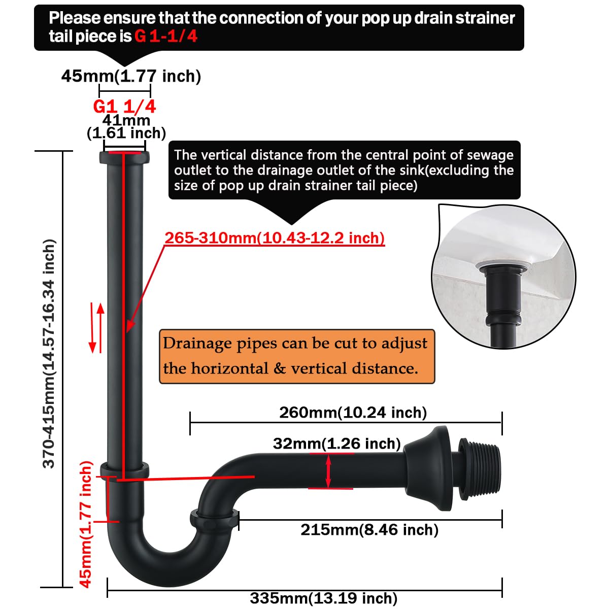 RANDOM RD83555MB-L - Trampa para fregadero de baño de latón en forma de U de 1-1/4 pulgadas con tubo de extensión de junta deslizante, botella de drenaje de residuos de altura ajustable, kit de trampa