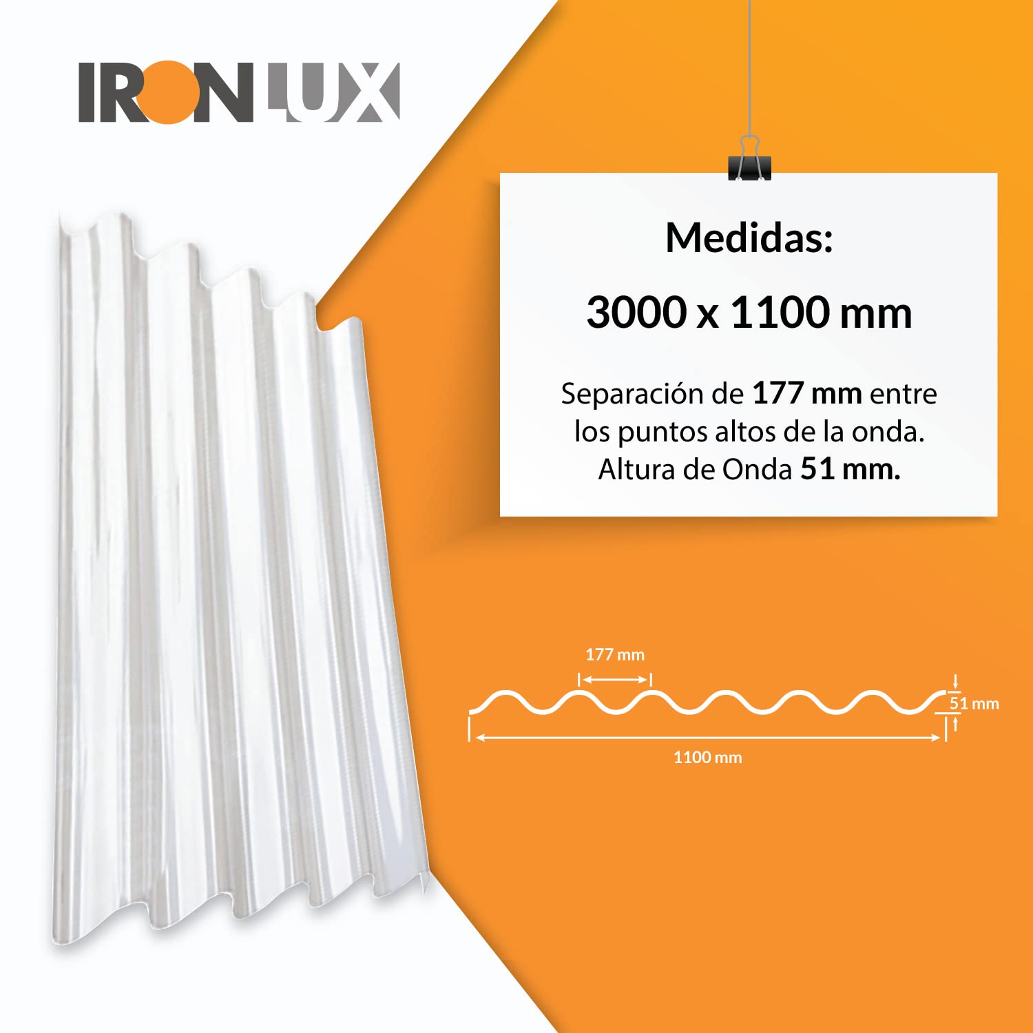 Plancha de policarbonato transparente ondulado gran onda - Espesor 0.9mm - 3000 x 1100 - Protección UV a 1 cara