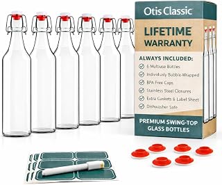 Otis Classic Swing Top Glass Bottles, 16oz Set of 6 w/ Marker & Labels - Leakproof for Kombucha, Beer Brewing, Juice, Kefir