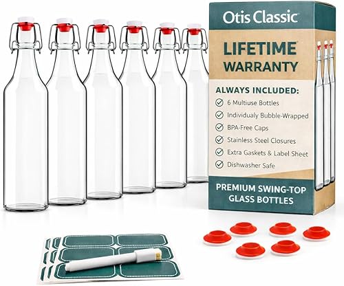 Otis Classic Botellas de vidrio con tapa oscilante, juego de 6, 16 onzas con marcador y etiquetas, botella transparente con tapas para jugo, agua,