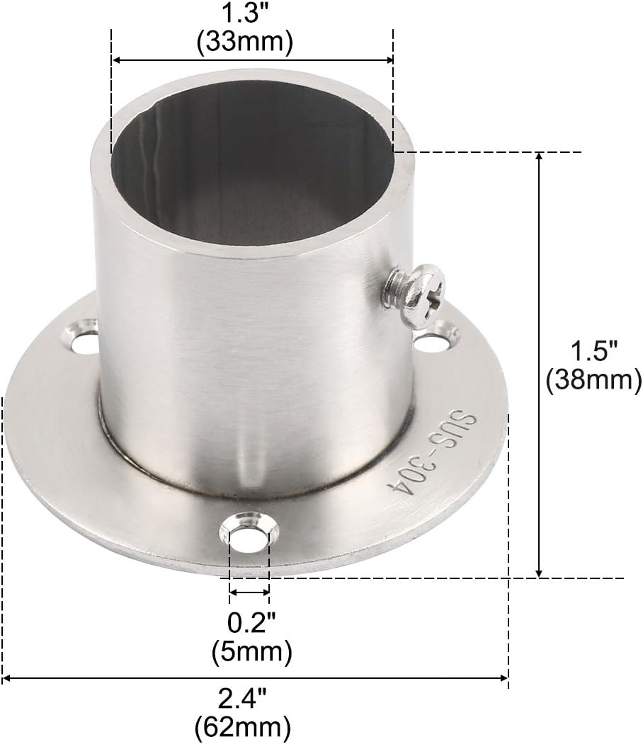 uxcell 304 Stainless Steel Clothes Closet Rod Bracket Flange Lever Support Holder Hanger Pole 1.3 Inch Dia 2pcs
