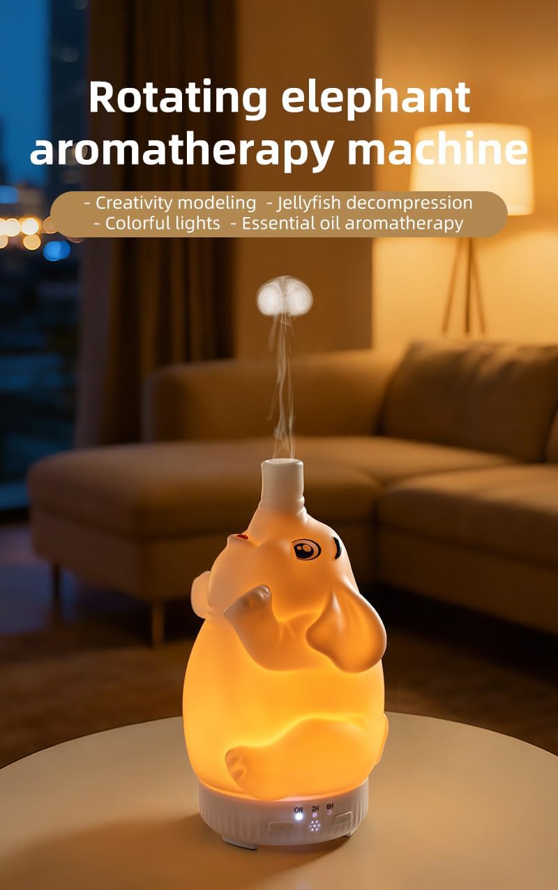 Rotating Elephant Aromatherapy Diffuser - 2 Modes (Jellyfish/Dense Fog) with Colorful Gradient Lights, Ultrasonic Quiet Essential Oil Diffuser for Home Bedroom Office, Decorative Humidifier