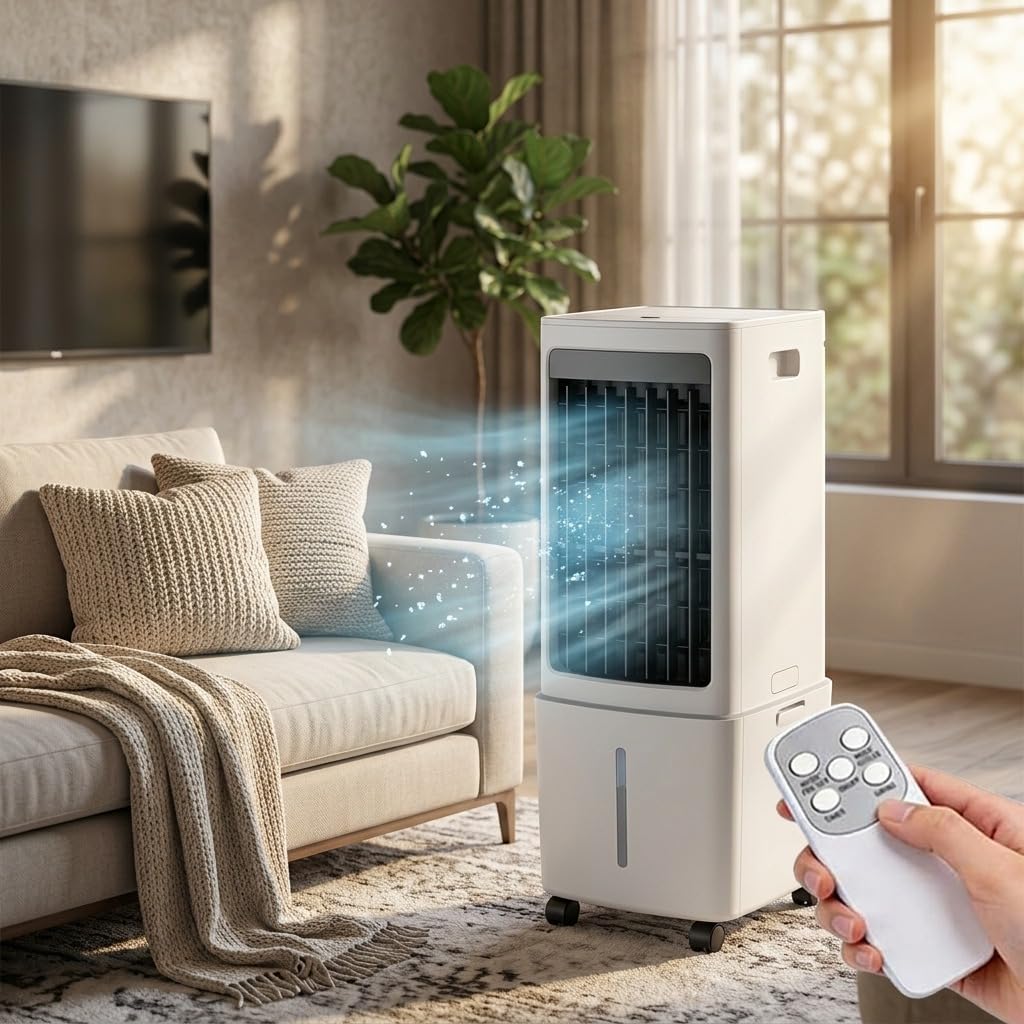 GYLRFA 5.3 Gal Evaporative Air Cooler with Remote Control, Portable Swamp Cooler with 3 Speeds & 7.5H Timer, with 2 Ice Boxes, Powerful 1177 CFM Airflow for Large Room, Home, Office