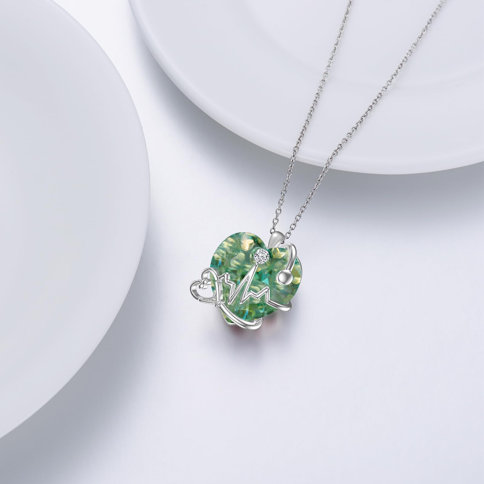 TOUPOP Stetoscopio collana da donna in argento, regalo per donne verde, battito cardiaco, regalo per studentessa, infermiera, laurea, compleanno, regalo di Natale, Argento sterling