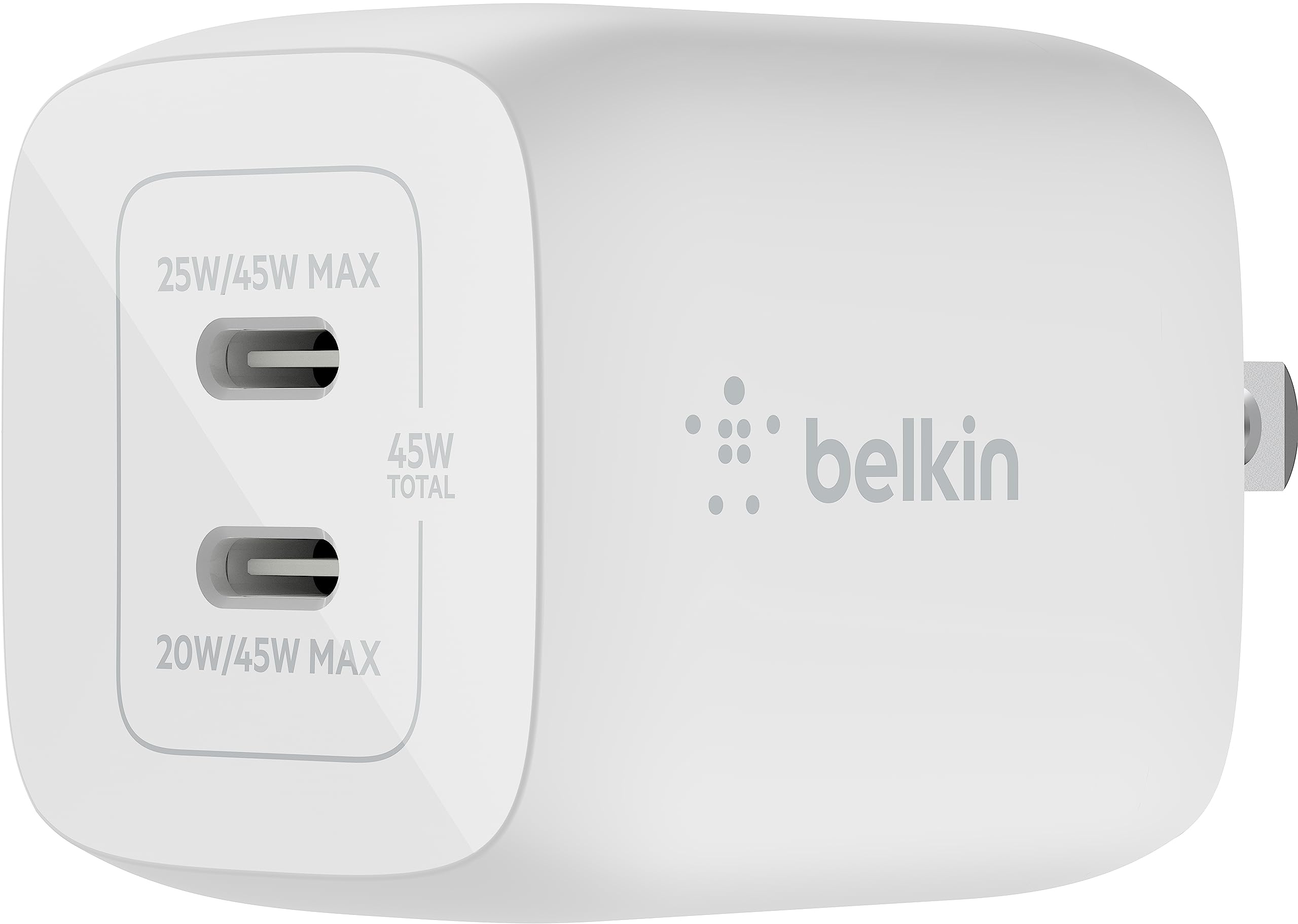Belkin WCH011dqWH 45W PD Charger, USB-C 2 Ports, PPS Standard Compatible, GaN, Small AC Adapter, Type C, Rapid Charging, Lightweight [PD3.0 Compatible, PSE Technical Standards Compliant/Foldable Plug]