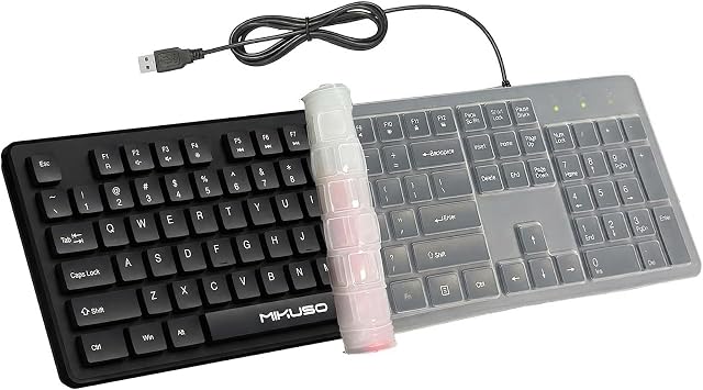 Laser Keyboard with Cover, Wired Keyboard 104 Keys Full Size, Laser Etched Non Fading Keycaps, Easy Clean Computer Keyboard with Number Pad for Office Desktop PC, 1.6m USB Cable- Black