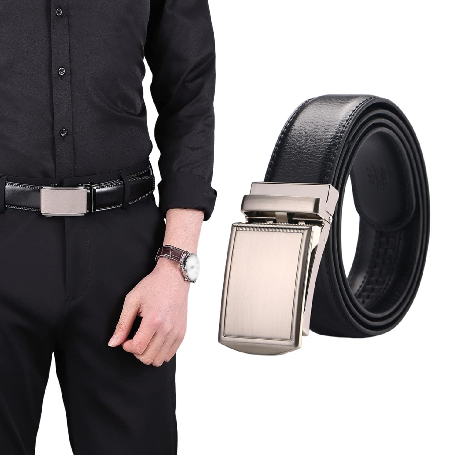 GoodernGoodern Men's Belt,Classic PU Leather Belt Adjustable Men's Slide Buckle Belts Two-layer Automatic Belt Men's Casual Jeans Belts Solid Color Business Work Belt Simple Waist Belts for Men Boys-Black