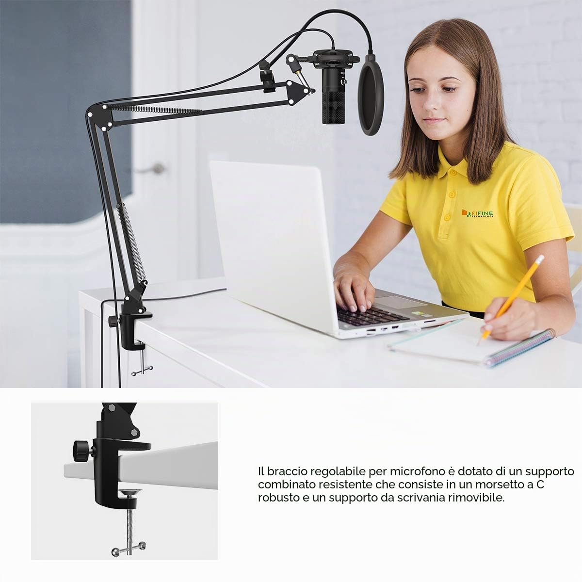 FIFINE Condensatore a Microfono studio kit, USB Microfono Computer con Braccio per Microfoni Regolabile e Filtro Anti-pop per Strumenti Voice Overs Registrazione Podcasting YouTube Gaming