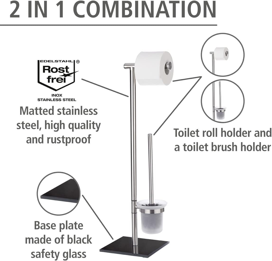 Toilet Paper Stand with Toilet Brush, Toilet Paper Holder Set, Free Standing Toilet Paper Holder, Stainless Steel, Dimensions 9.3 x 27.2 x 7.9 in