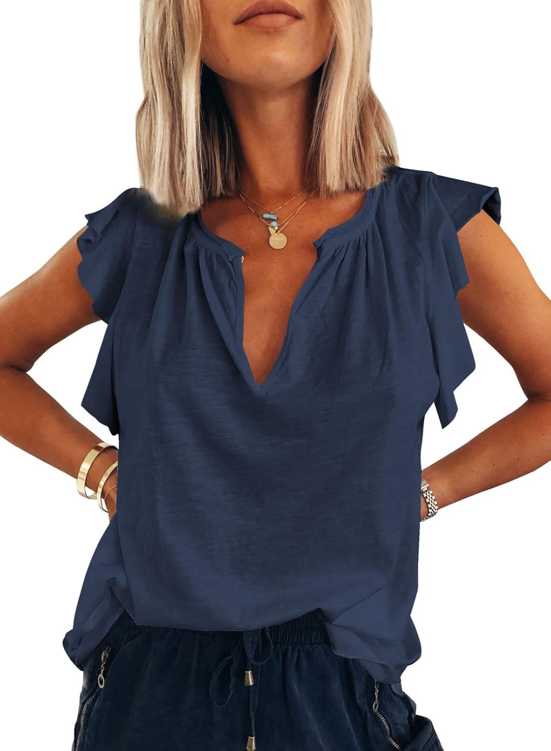 Casual V neck ruffle sleeve summer tank tops for women.