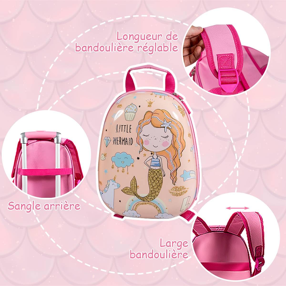 DREAMADE Valise Roulette Enfant 18" et Sac à Dos 12" avec Poignée Réglable Bagage Cabine Enfant 3+Ans avec Roues Pivotante 360° Bagage à Main Fille et Garçon Charge 50KG+8KG (Sirène)