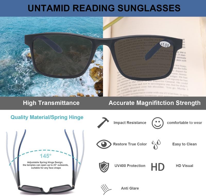 Miniatura 6 de Paquete de 3 lentes de lectura, gafas de sol deportivas con marco cuadrado para lectura al aire libre para mujeres y hombres, +1.00, no bifocales