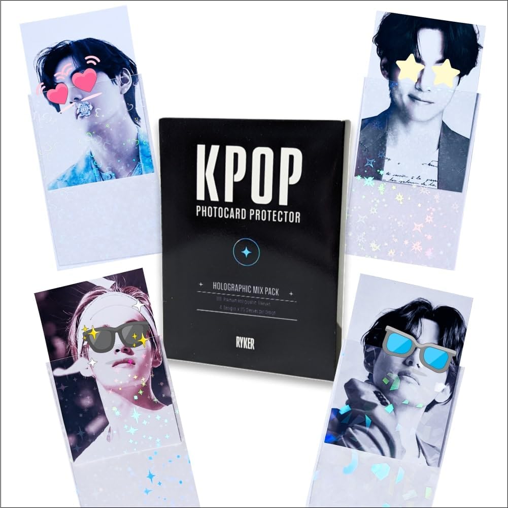 Ryker 100 Holographic Kpop Photocard Protectors | 4 Unique Designs | Kpop Photocard Collectors Durable Protective Card Sleeves | 25 Kpop Photocard Sleeves for Each Design (100 Total, 56x87 mm)
