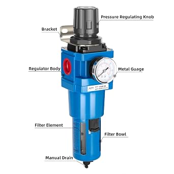 NANPU 1 NPT Compressed Air Filter Regulator Combo Piggyback, 5 Micron Brass Element, Poly Bowl, Manual Drain, Metal Bracket, 0-150 psi Gauge -AW5000-10M