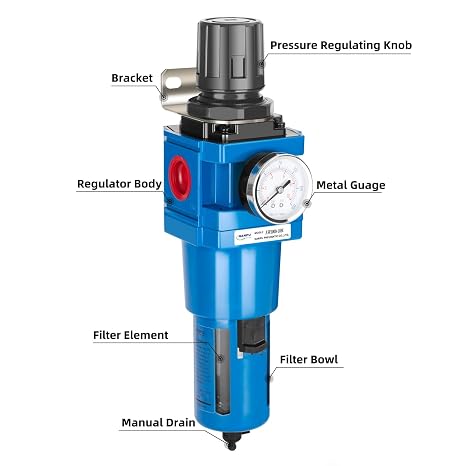 NANPU 1 NPT Compressed Air Filter Regulator Combo Piggyback, 5 Micron Brass Element, Poly Bowl, Manual Drain, Metal Bracket, 0-150 psi Gauge -AW5000-10M