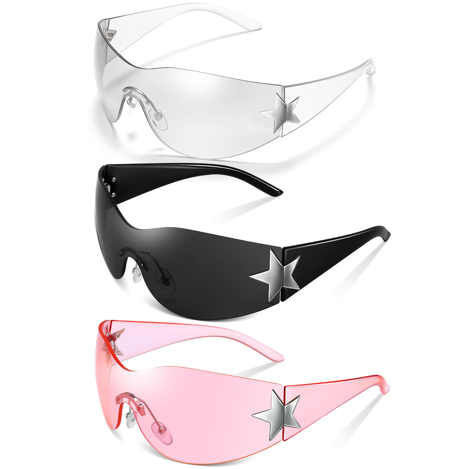 Ovveroche 3 Pairs Y2K Sunglasses for Women Men Trendy Shield Wrap Around Sun Glasses Oversized Fashion Frameless Glasses: Black, Pink, Transparent Sliver