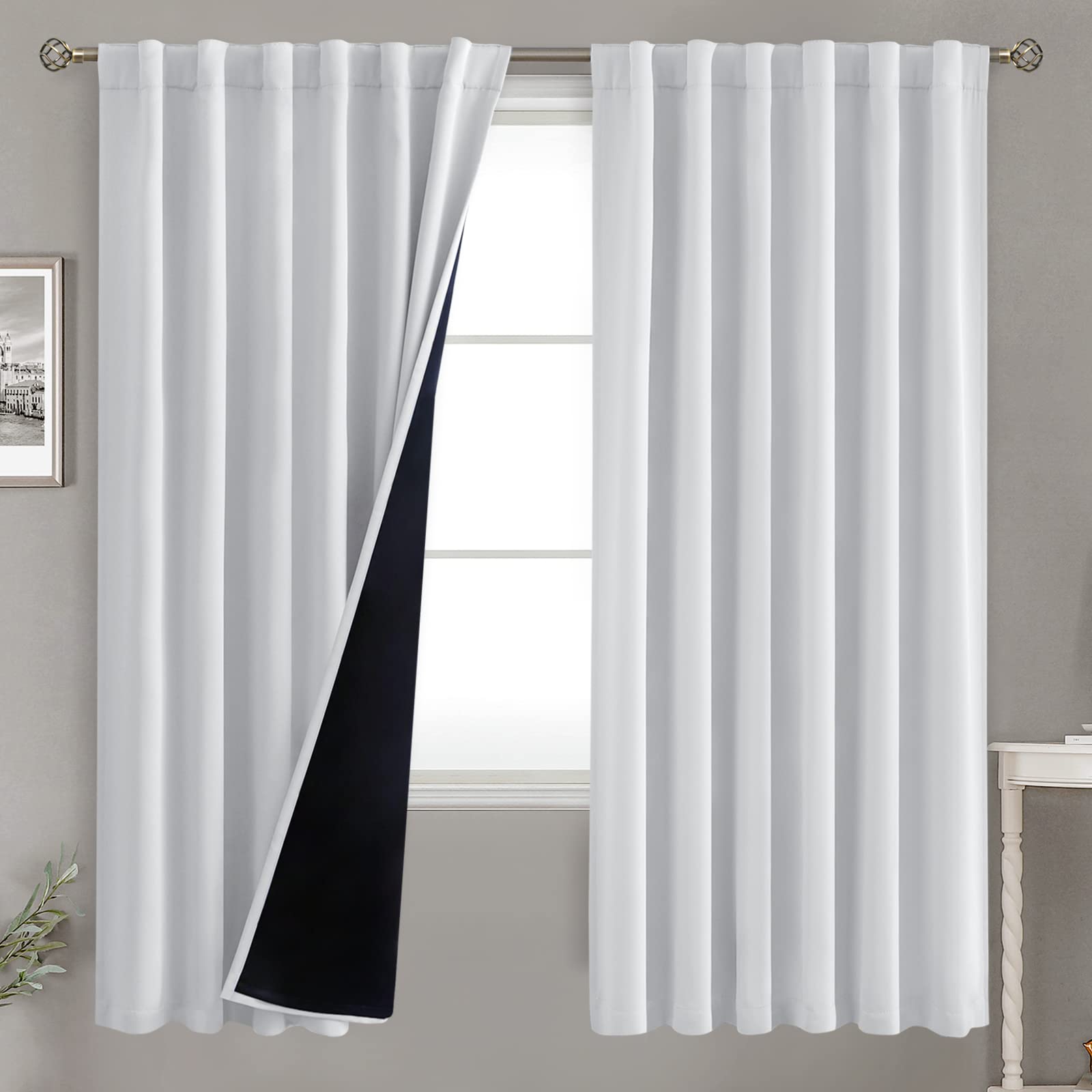 BGment Greyish White 100% Blackout Curtains 72 Inches Long with Black Liner, Rod Pocket and Back Tab Double Layer Room Darkening Thermal Window Curtains for Bedroom, 2 Panels, Each 52 x 72 Inch