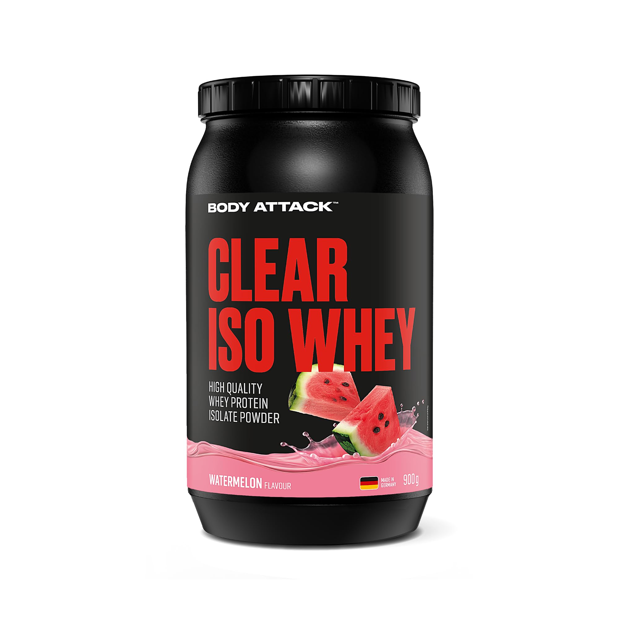Body Attack CLEAR ISO WHEY - Watermelon Flavour - 900g - Made in Germany - Erfrischendes, klares Whey Protein Isolat - 24 g Protein und 11.400 mg EAAs* pro Iso Whey Shake, zucker-& fettfrei