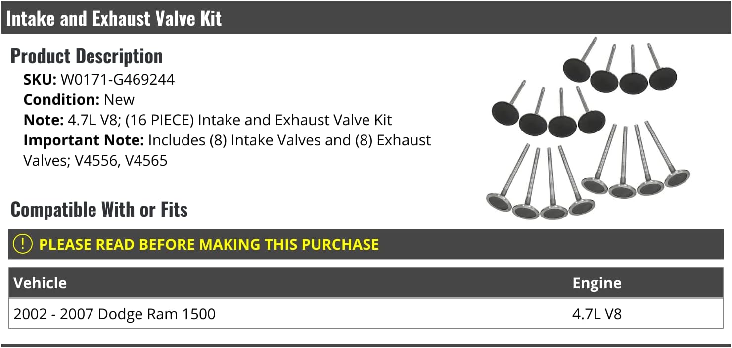 Marketplace Auto Parts - Intake and Exhaust Valve Kit - 16 Piece - Compatible with 2002-2007 Dodge Ram 1500 4.7L V8
