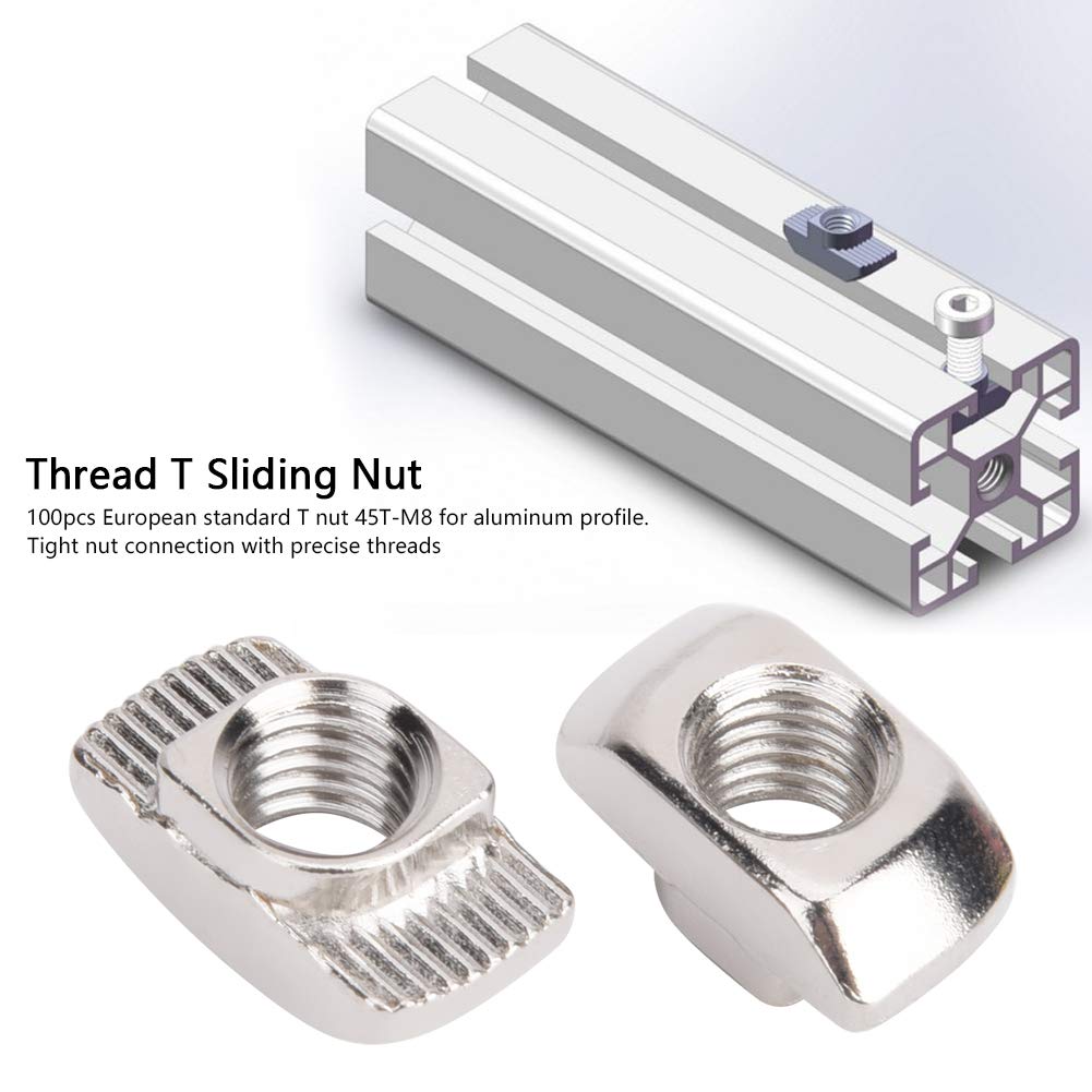 100 European Standard T Nuts, 45t M8 Threaded T Slip Nuts, Plated Carbon Steel Fasteners, Suitable for Aluminum Extrusions, 19 Mm Length, 5.8 Mm Height, 10 Mm Diameter