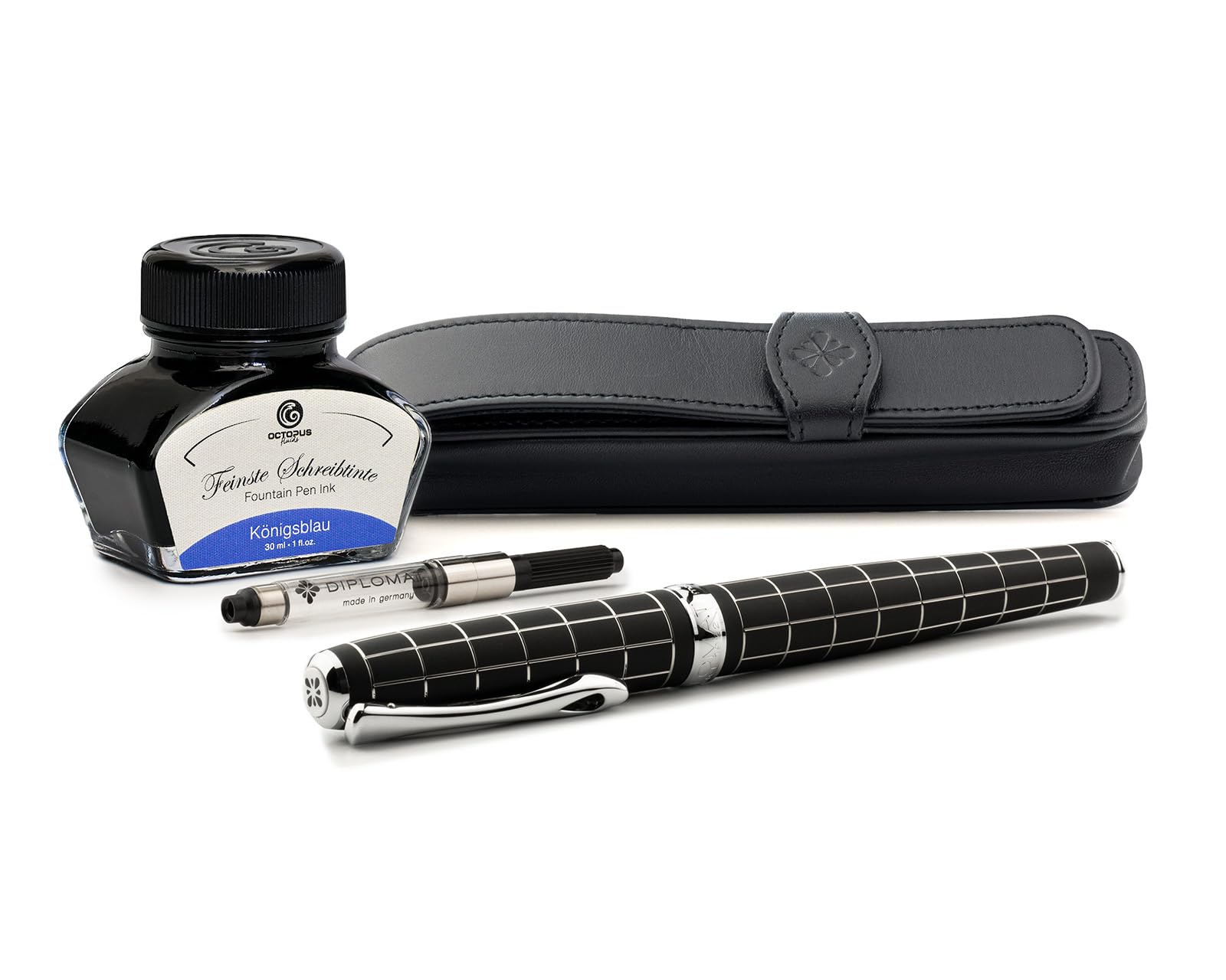 Diplomat Excellence A+ Rombo guilloché lapis nero, Penna stilografica con portamatite in vera pelle con inchiostro da scrittura e convertitore, pennino in acciaio inox M, Set di penne stilografiche