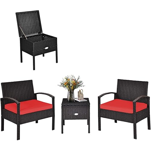 COSTWAY Rattan Patio Furniture Set 3 Pieces, Wicker Conversation Set with Tempered Glass Coffee Table, Seat Cushions, Outdoor Chair Wicker Sofa for Backyard Balcony Porch Poolside, Red