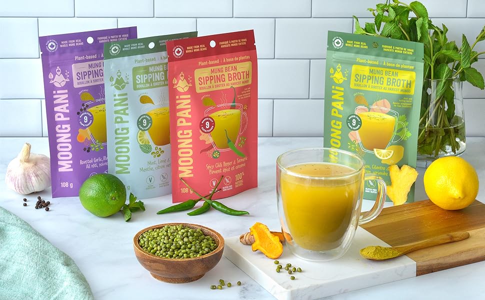 Moong Pani Golden Vegetable Mung Broth Powder W/Plant Protein 9 Servings Travel Packs,High Protein & Fibre Spicy Cayenne & Turmeric, Bouillon, Non-GMO Veg Stock, Makes Nourishing Soups And Stews