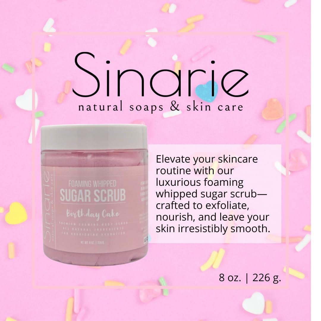 Sinarie Foaming Whipped Sugar Scrub – 8 oz | Gentle Exfoliant with Mango Butter & Coconut Oil for Smooth, Glowing Skin (8 oz., Birthday Cake)