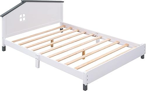 Miniatura 51 de Cama de plataforma de madera de tamaño individual con cabecera en forma de casa, soporte de listones de madera, para dormitorio de niños, niñas,