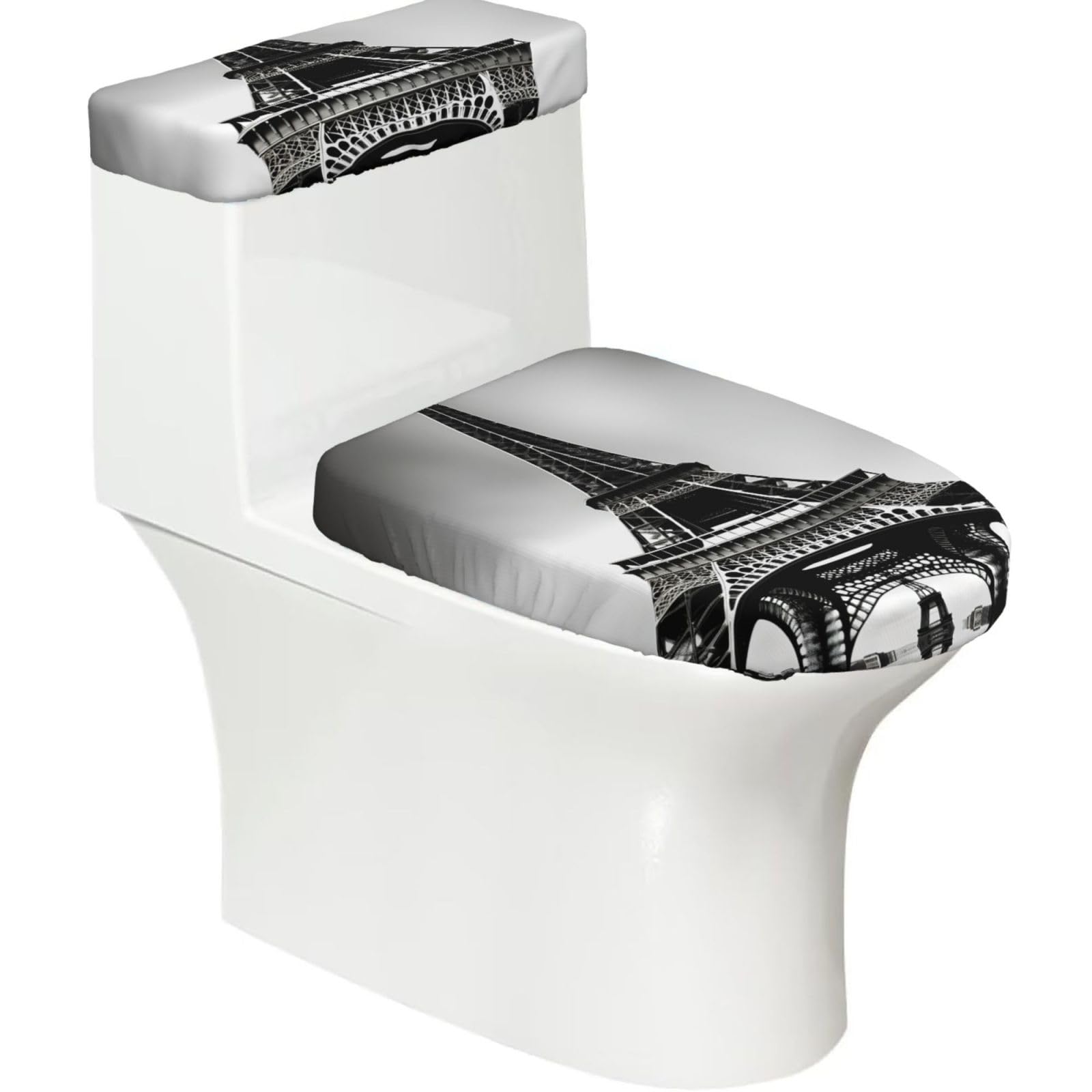 Black Paris Eiffel Tower Printed Toilet Tank and Lid Cover Set of 2 for Most Bathrooms, Fits Elongated Round Toilets