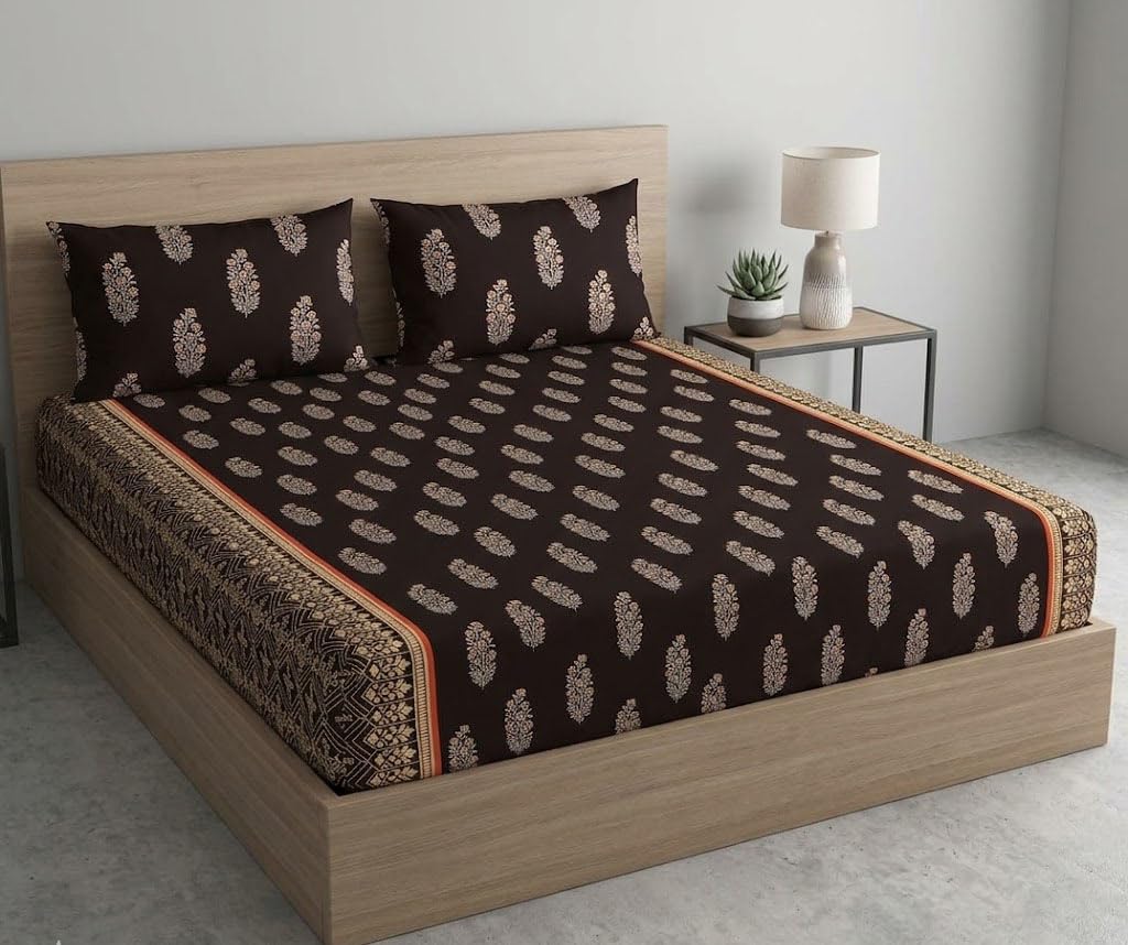 DECOMIZER Cotton Feel All Around Elastic Fitted Glace Printed Queen Size Double Bed Bedsheet with 2 Large Pillow Covers Fits Upto Mattress of 8 Inches,Size - 60 x 78 x 10 Inches, Golden Tulips