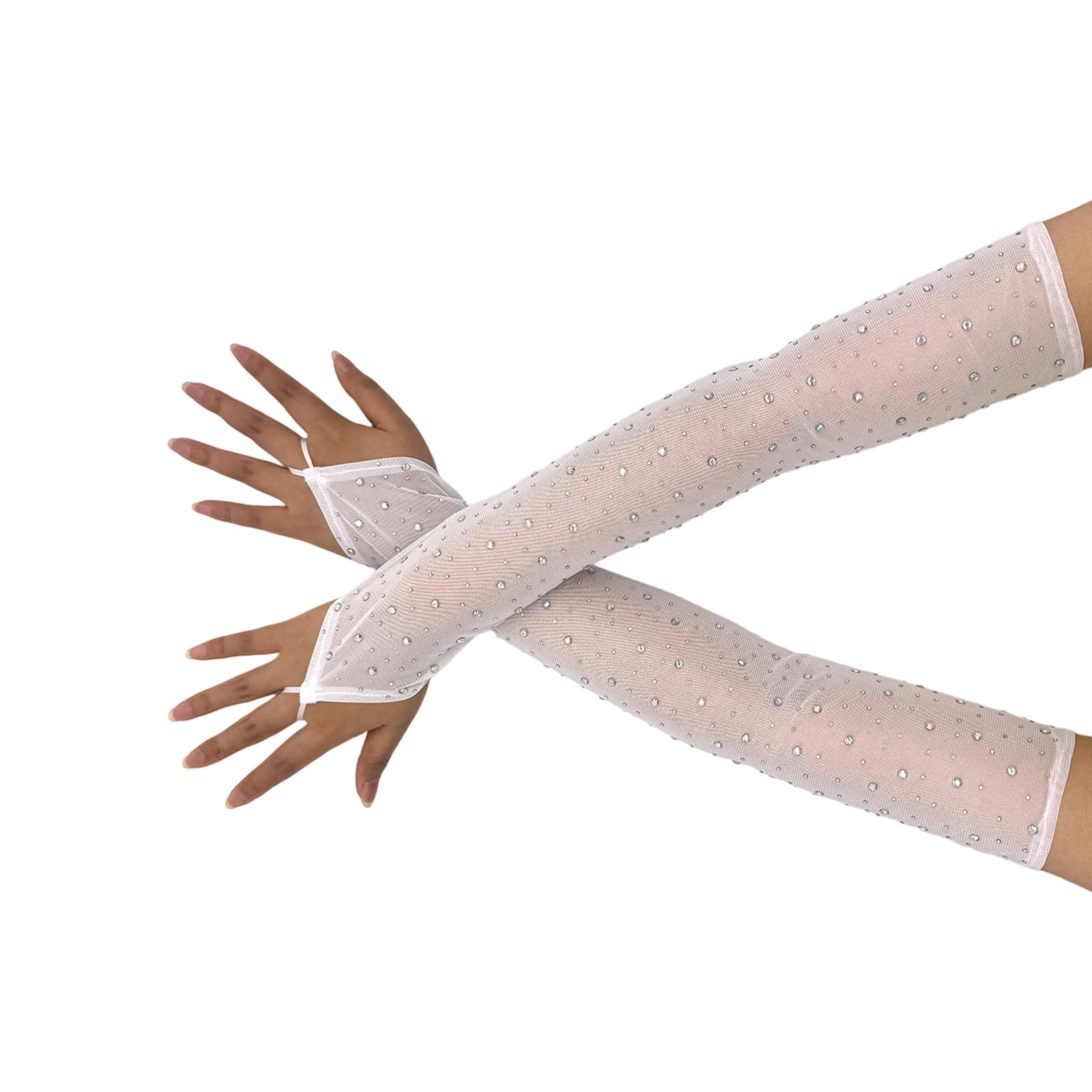 alloneslife Arm Sleeves with Sparkling Rhinestones Comfortable Stretchy Long Gloves for Stage Evening Event Glittering Party Gloves
