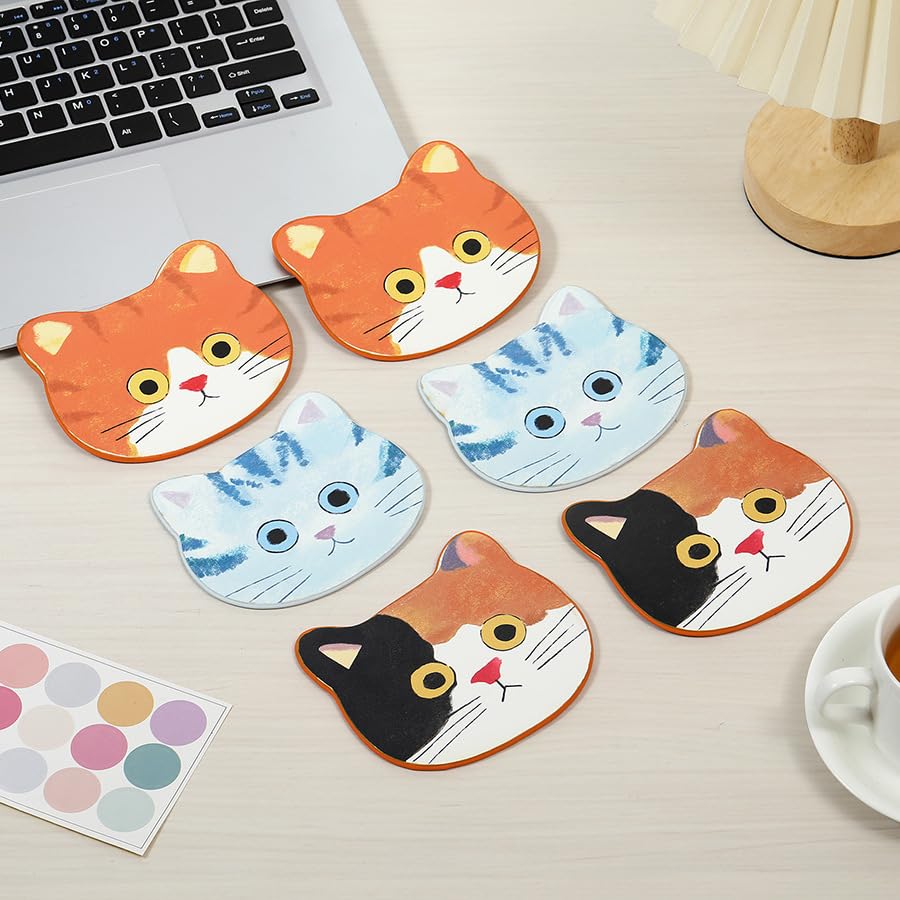 Lot de 6 Dessous de Verre Chat, Mignon Mug Dessous de Verre, sous-Verres sur Le Thème des Chats, Antidérapants Lavable sous-Verres pour Vin, pour Maison,...