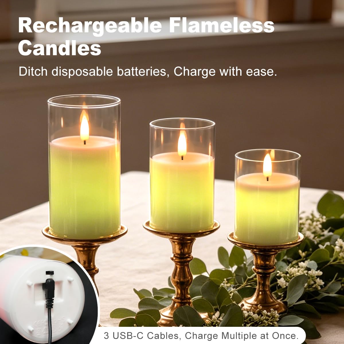 Wiederaufladbare RGB Flammenlose Kerze, Blinkende LED Stumpe Echtwachskerze mit Fernbedienung und Timer, Klarglas Elektronische Kerzen für Raumdekoration, 1 Set von 3