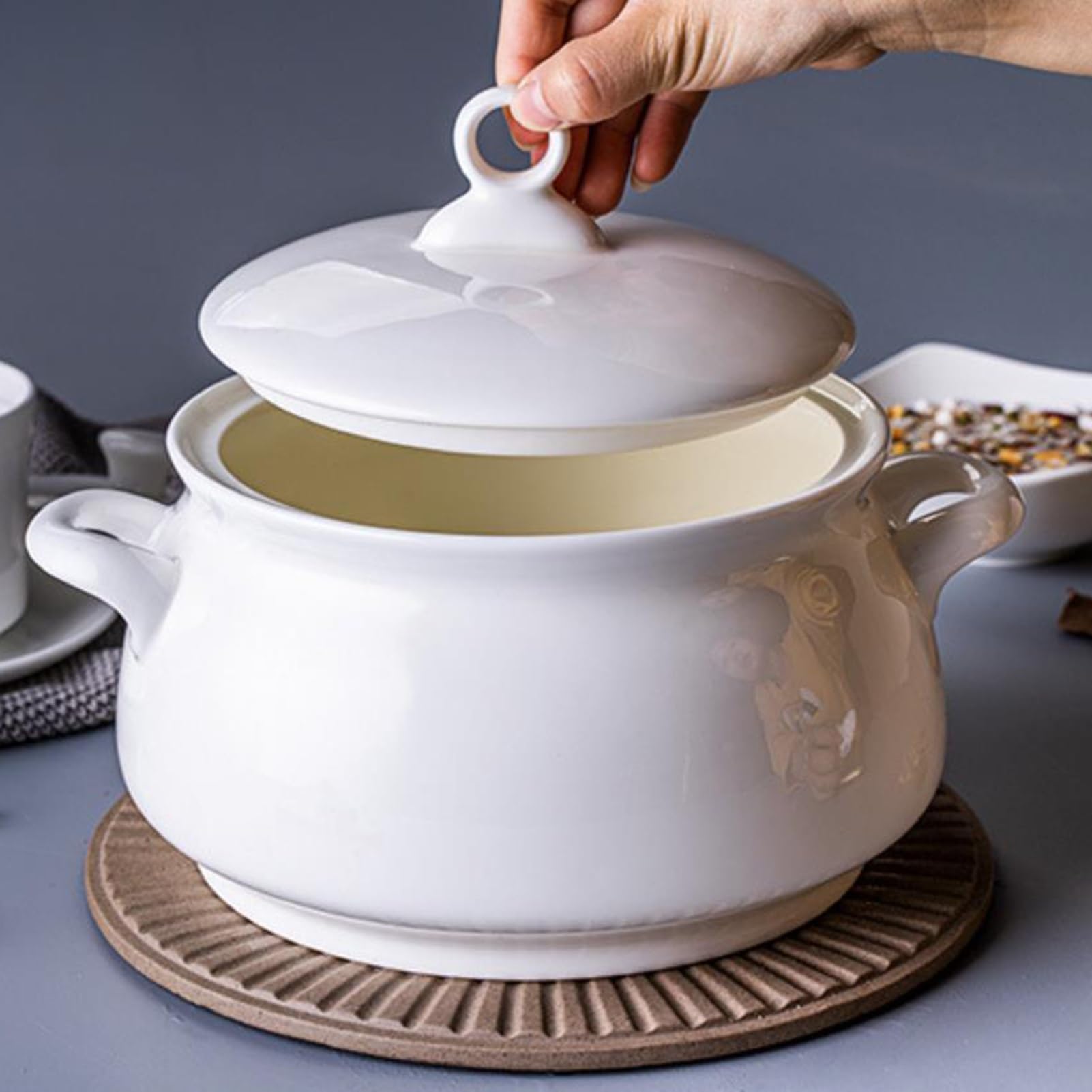 Soupière en céramique blanche, grande capacité,bol de service en porcelaine | Avec couvercle et poignées, idéale pour les fêtes et les repas de famille