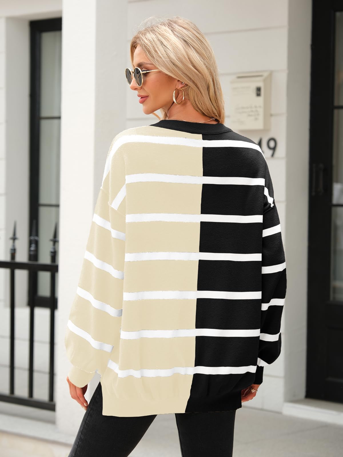 Fisoew Pull rayé à col rond et manches longues pour femme | Fisoew Pull rayé à col rond et manches longues en tricot aux couleurs contrastées décontracté ample et léger pour femme